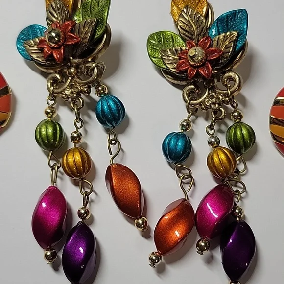 Multicolor Floral Leaf Drop Earrings and Enamel Stud Set - Women Jewelry - Picture 3 of 7